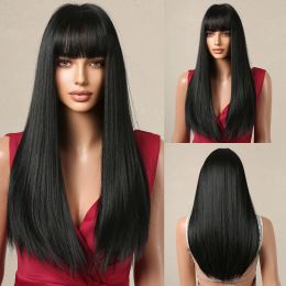 Wigs Long Straight Synthetic Wig with Bangs Dark Black Hair Wigs for Women Cosplay Natural Hair Heat Resistant Layered Wigs