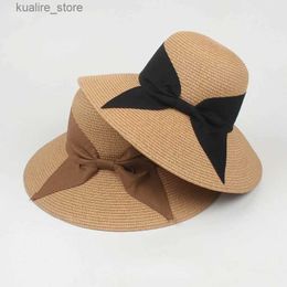Wide Brim Hats Bucket Hats Women Wide Brim Straw Foldable Roll Up Hat Fedora Summer Beach Sun Hat Sun Protection Straw Hat With Bow Tie L240322