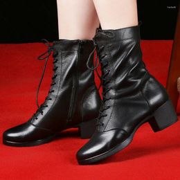 Boots Genuine Leather Mesh Fleece Latin Dance Shoes Soft Soled Women's Middle Heel Social Sailor Square