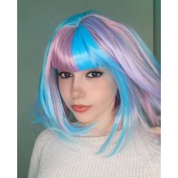 Wigs HAIRJOY Synthetic Hair Short Straight Mixed Rainbow Colour Wigs Purple Blue with Blonde Red Highlights Bob Wig for Women