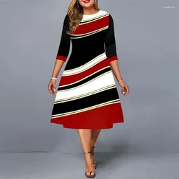 Casual Dresses 2024 Autumn All Match Fashion Simple A-line Skirt Geometric Printed Block Colour Round Neck Plus Size For Women Vestidos