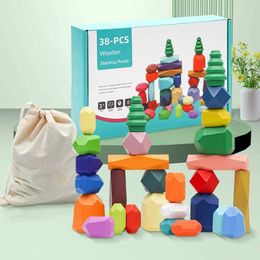 Sorting Nesting Stacking toys 28/38 pieces of wooden rainbow stone building blocks set balanced stacking game childrens Montessori educational toy 24323