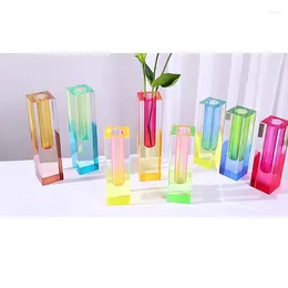 Vases 19.5CM Acrylic Crystal Rainbow Vase Luxury Decorative Pillar Bud Tabletop Flower Container Nordic Room Home Decoration