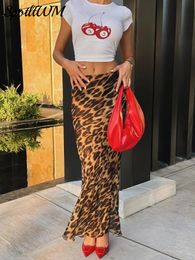 Vintage Leopard Printed See Through Half Skirts Sexy Slim High Waist Hip Wrapped Long Skirt 2024 Spring Chic Female Street Wear 240323