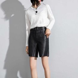 New Fashion Sheepskin Leather Biker Short Pants Solid Color Real Shorts Women