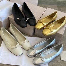 Top Women's Shoes Luxury Designer Mary Jane Square Toe Ballet with White Pearl Bow and Small Crystal Beads Size 35-39