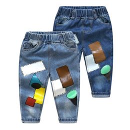 2024 Spring Autumn Winter18M 24M 2 8 9 10 Years 90 140cm Colour Patchwork Pocket Elastic Loose Denim Jeans For Kids Baby Boy 240318