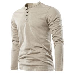 Henery Neck Long Sleeve T shirt For Men Solid Spring Casual Mens Tshirts High Quality Male Tops Classic Clothes 240312