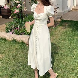 Party Dresses Solid Elegant Summer Dress Women 2024 Deep V-Neck Slim Casual Classy Long Female Puff Sleeve Retro Sexy Split