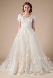 ALine Lace Tulle Vintage Modest Wedding Dresses With Short Sleeves Appliques Formal Country Western LDS Wedding Dresses Temple Br1077406