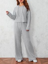 Women's Pants Women S Summer 2 Piece Knit Loungewear Ribbed Knitted Hoodie And Wide Legs Set Tracksuit Casual Outfits
