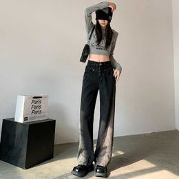Black Wide Leg Jeans for Women with High Waist and Slim Stature. Gradient Straight Pants Floor Mops Spring 2024. New Style
