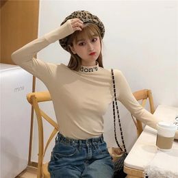 Women's T Shirts Spring Black Casual Slim Basic Woman Harajuku Letter Embroidery Long Sleeve Shirt Women Half High Collar White Tops