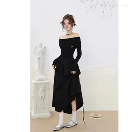Casual Dresses Sweet Girl Off Shoulder Black Dress Women's Autumn Slim Fitting Slash Neck Long-sleeved A-line Fashion Female Clothes