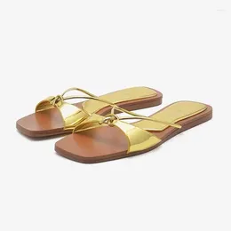 Slippers ZAR 2024 European And American Flat Bottom Beach Shoes Vacation Roman Gold Cool Women Outer Wearing