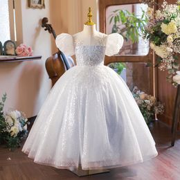 blue Flower Girls Dresses For Weddings princess Lace Tulle Pearls Backless Princess Children Wedding Birthday Party Dresses Kids Wedding Birthday Children gown