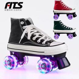 Shoes Adult Kids Canvas Shoes Double Row Two Line Roller Skates Patines With 4 Flash Wheels Training Sneakers Size 3144