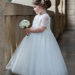 Girl Dresses Customzied Made Flower Dreses Embellished Lace Peplum Bodice With Sleeves Finishing At The Elbows And Pearl Button