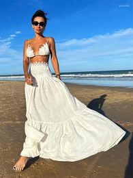 Work Dresses Bohe Lace Skirt & Bikini Top Pleated 2 Pieces Set 2024 Summer Beach Wear Triangle Outfits And Skirts Holiday Cover-up