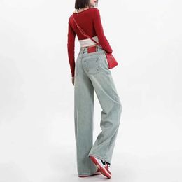 2024 Spring Narrow Edition Wide Legged Jeans Womens New Loose and Slim High Waist Embroidered Dropping Floor Straight Leg Pants