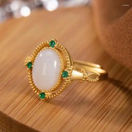 Cluster Rings Natural Hetian Chalcedony Oval Opening Adjustable Ring Chinese Style Retro Unique Gold Craft Women's Holiday Gift