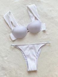 Women's Swimwear Sexy Underwire Push Up Ribbed White Micro Mini Bikinis Sets Two Pieces Thong Swimsuit Bathing Suit Biquini