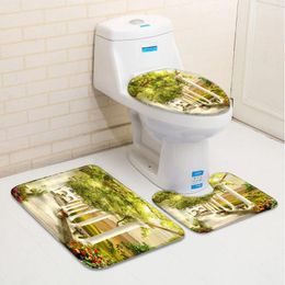 Bath Mats Spring Landscape Mat Set Green Plant Flower Architecture Scenery Low Pile Flannel Rug Toilet Cover U-Shaped Carpet