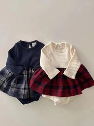 Girl Dresses 2024 Spring Baby Long Sleeve Dress Born Cotton Bodysuit Toddler Plaid Splicing Casual Infant Jumpsuit 0-24M