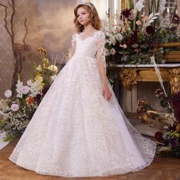Girl Dresses 3/4 Sleeve Floral Applique Lace Flower Dress Ball Gown Tulle Princess First Communion Puffy Christmas Party