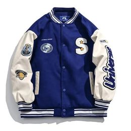 American Harajuku Blue Student Baseball Mens Coat Bomber Jacket fashion Spring Autumn Trend Hip Hop College Loose Casual Coat 240309