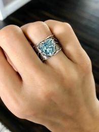 Vintage Wide Face Rings for Women Love Heart Blue Zircon 14K Gold Rings Ethnic Bride Wedding Jewelry Party Accessories