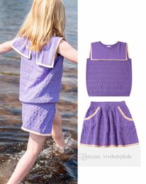 Children knitted clothes sets girls navy lapel sleeveless T-shirt double pocket skirts 2024 summer kids thin beach holiday outfits Z7296