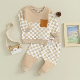 Clothing Sets Toddler Baby Boy Girl 2 Piece Outfits Long Sleeve Plaid Pocket Sweatshirt And Elastic Pants Spring Fall Clothes Set