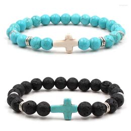 Charm Bracelets 15pcs Cross Blue Beaded Men 8mm Black Lava Stone Beads Bangles For Women Yoga Jewelry