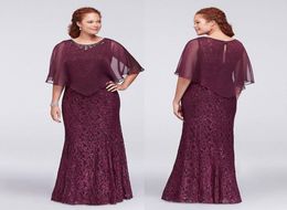 Burgundy Plus Size Lace Formal Dresses With Wrap Beaded Jewel Neck Mermaid Evening Gowns Cheap Floor Length Prom Dress4499271