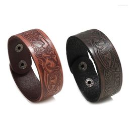 Charm Bracelets Retro Embossed Pattern Leather Bracelet Punk Men Cuff Adjustable Wide Wristband Jewelry Gift For Brother