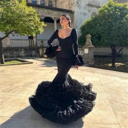 Spanish Flamenco Black Prom Dress Costume Mermaid Long Sleeve Evening Dress 2024 For Dancer Night Ceremony Gothic Party Gowns