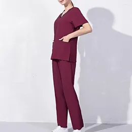 Women's Two Piece Pants 1 Set Work Uniform Short Sleeve V-neck Beauty Salon Suit Wear-resistant Summer Pet Dental Daily Use