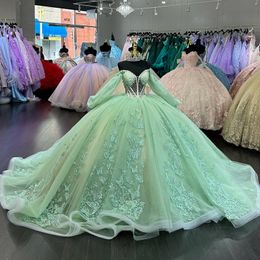 Mint Green Off The Shoulder Ball Gown Quinceanera Dress Bow Beads Tull Princess Vestidos De 15 Anos Birthday Party Sweet 16 Dress