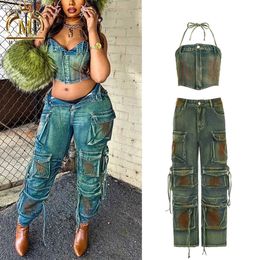 New Trendy Womens Denim Outfits High Street Tie Dye Crop Top+workout Pants Casual Two Piece Cargo Jeans Sets Women