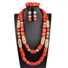 Necklace Earrings Set 26 Inches Original Big Coral Beads African Wedding Jewellery Double Layers Natural Bridal ABG190