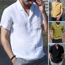 Men's Casual Shirts Men Lapel Buttons Half Placket Shirt Solid Colour Short Sleeve Pocket Slim Fit Pullover Top Streetwear