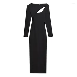 Casual Dresses YENKYE Sexy Women Fashion Hollow Out Asymmetric Knit Long Dress Vintage Black O Neck Female Bodycon Party Maxi