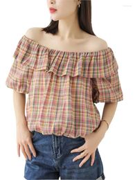Women's Blouses Fashion Summer Shirt Sexy Off Shoulder Top French Elegant Sweet Plaid Print Ruffle Collar Tops And Beach