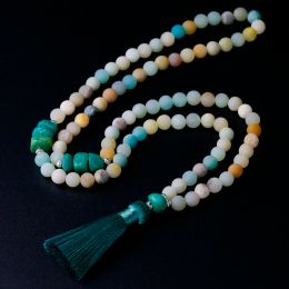 Necklaces Fashion Natural Stone 8MM Beads Amazonite With Unshaped Charm Tassel Pendent Long Necklace for Women Handmade Jewellery