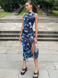 Casual Dresses 2024 Summer Blue Floral Printed Mid-calf Mesh For Women Sexy Elegant Sleeveless Bodycon See Through Slit Holiday Dress