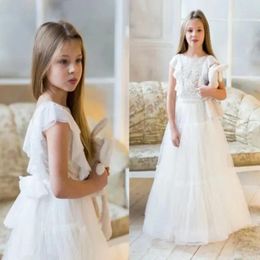 Girl Dresses White Flower Dress Sleeveless Lace Tulle Applique Beaded Princess Baby Birthday Party First Communion Wedding Gown
