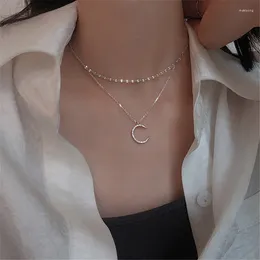 Pendant Necklaces 925 Silver Plated Double Layer Chain Zircon Moon Charm Pendent Necklace Elegant Party Jewelry For Women Choker Gift Dz006