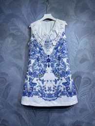 European Station 2024 Dresses Spring/Summer New Style Round Neck Blue and White Porcelain Butterfly Inlaid Diamond Vest Skirt