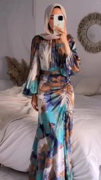 Casual Dresses Middle East 2024 Spring Summer Style Pleated Waist Slimming Elegant Women Mermaid Dress PrintingLong-sleeved Mid-length